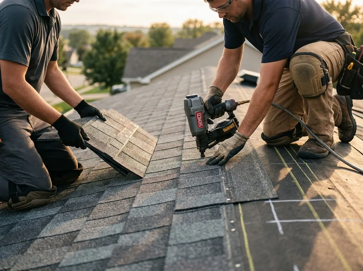 Professional roofer working on a residential roof in Leon Valley